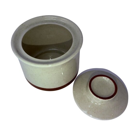 Vintage Kimco Stoneware Small Lidded Jar Sugar Bowl Brown Trim Made In Japan - Picture 4 of 5